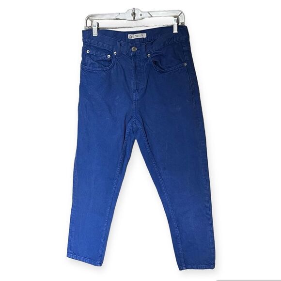 Zara Royal Blue Denim Button Fly Cropped Jeans Size 30 - Picture 2 of 9
